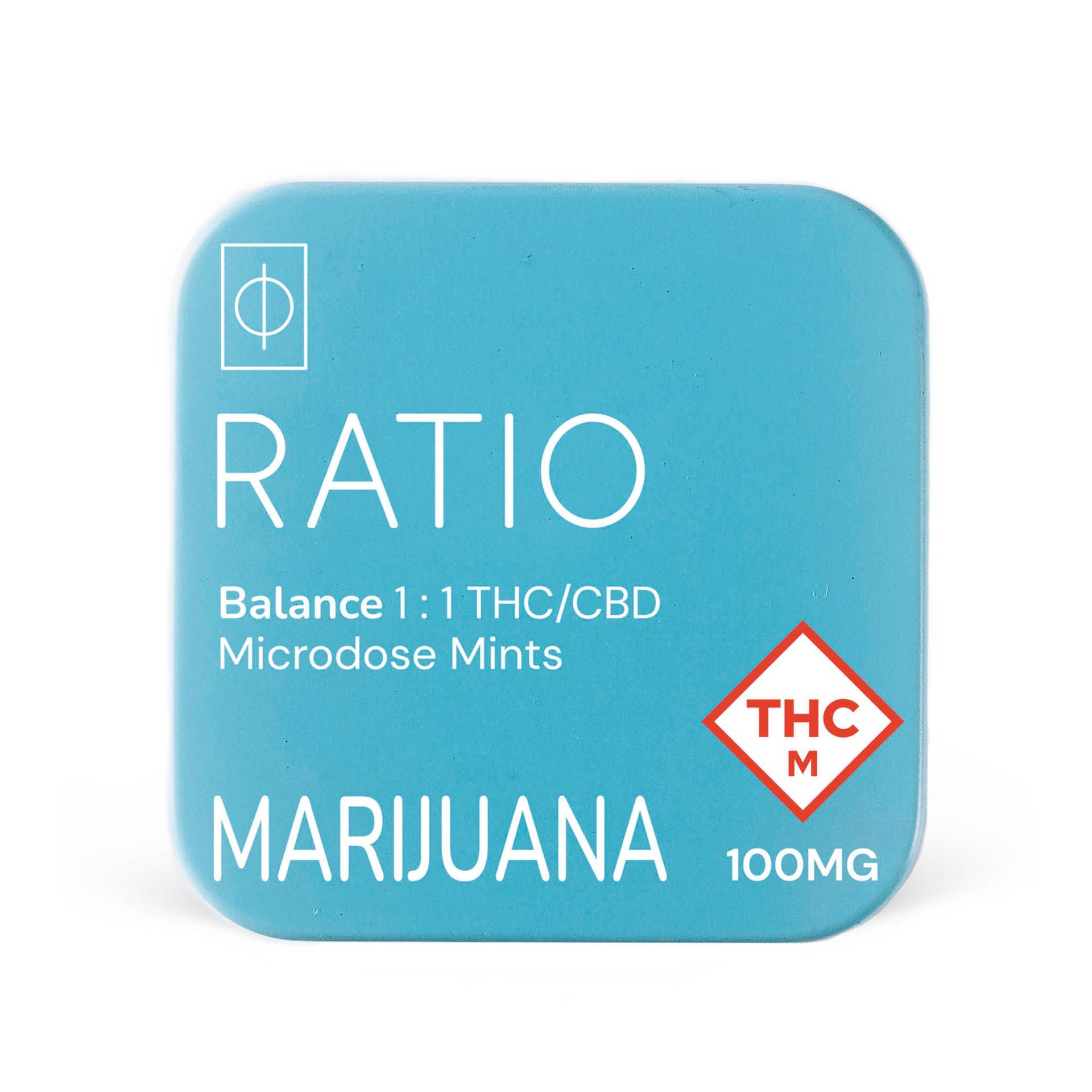 Blue RATIO marijuana tin labeled “Balance 1:1 THC/CBD Microdose Mints,” 100mg THC