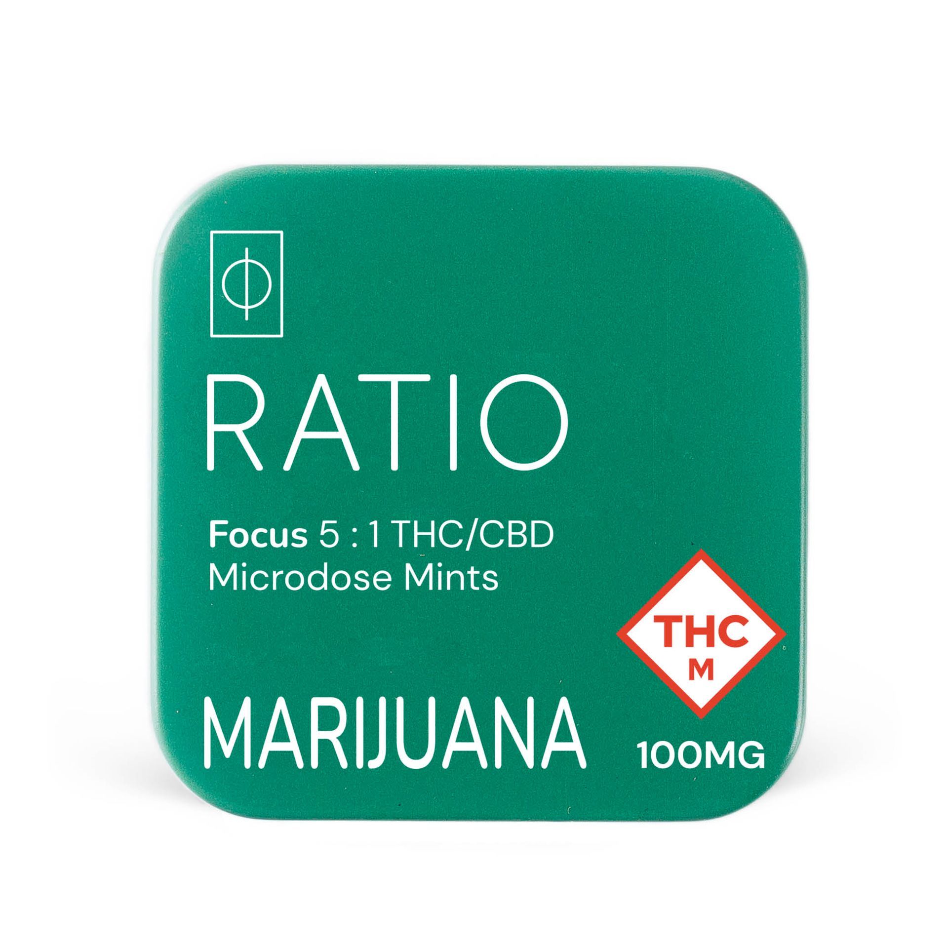 Green “RATIO” THC/CBD marijuana microdose mints tin, 100mg label