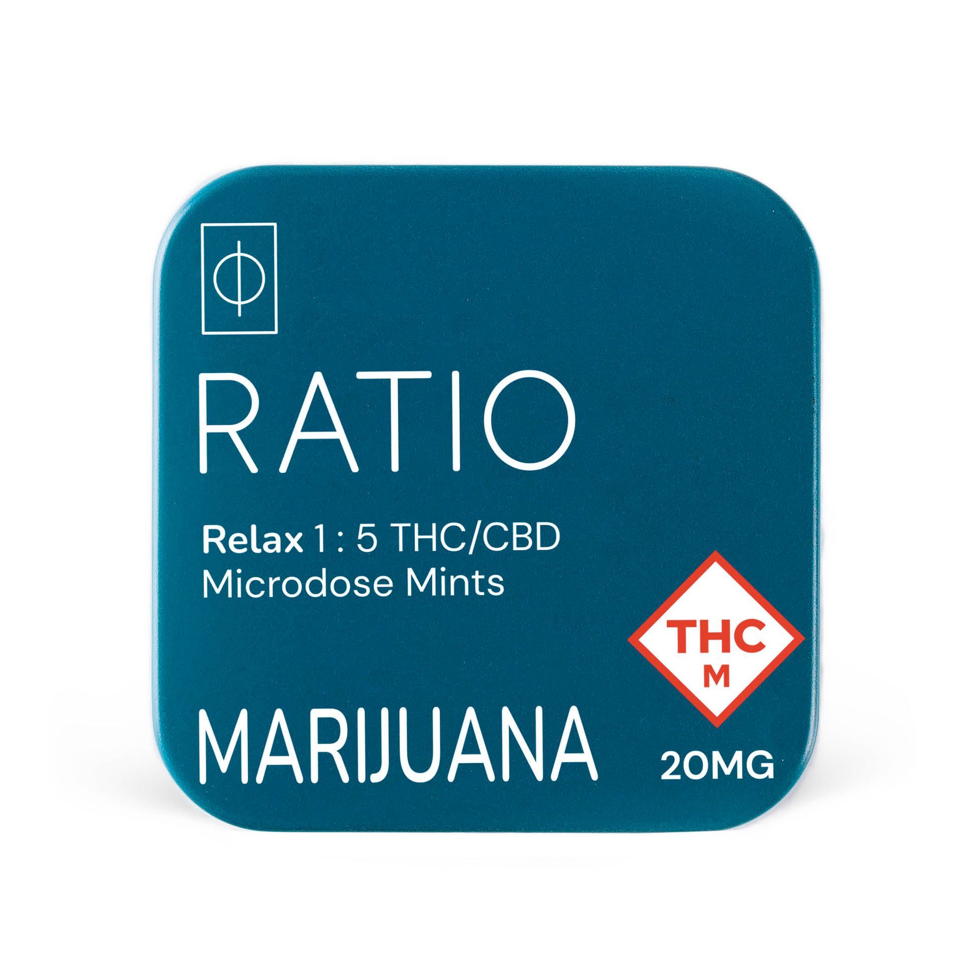 Teal marijuana edible package labeled “RATIO,” “Rel1x 1:5 THC/CBD Microdose Mints,” 20mg THC