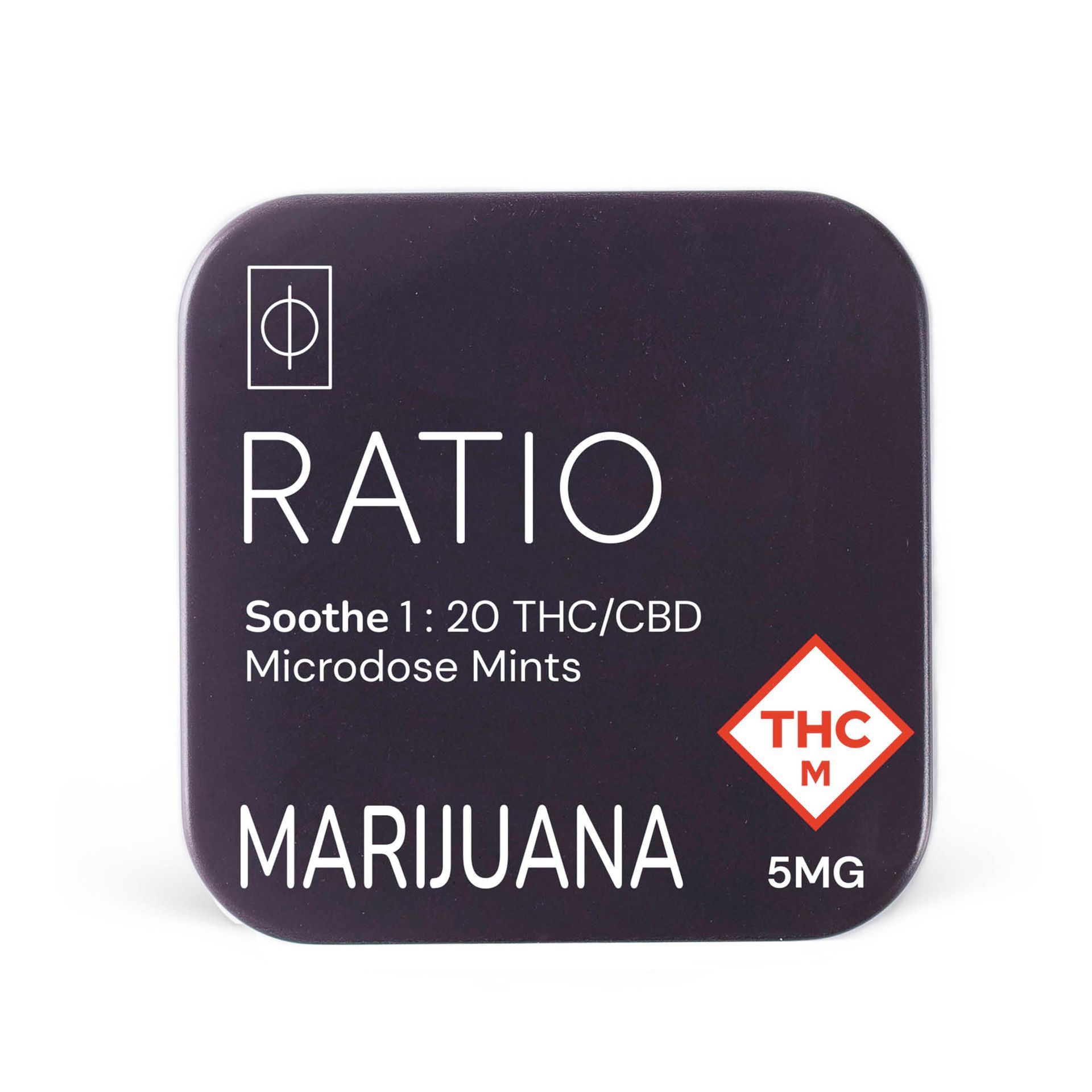 Purple RATIO marijuana microdose mints label, 1:20 THC/CBD, 5mg THC badge