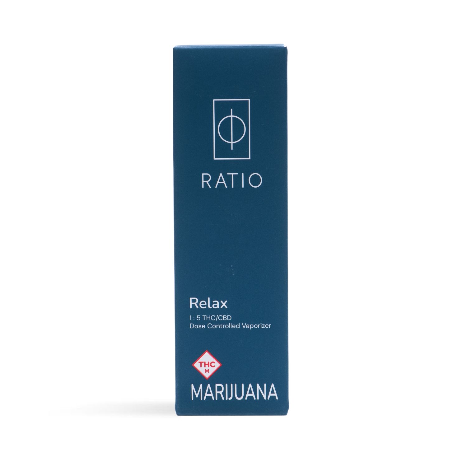 Blue RATIO cannabis product box labeled “Relax” and “MARIJUANA” on a white background