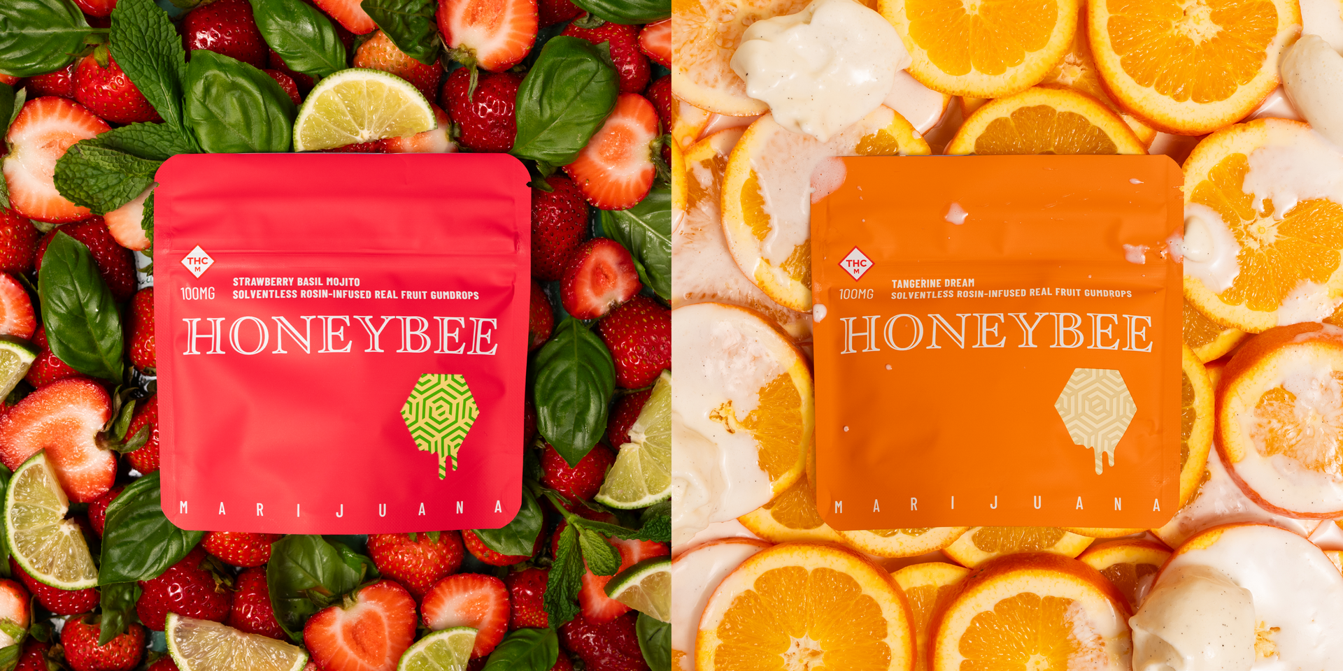 Two HONEYPEE pouches, pink and orange, on a colorful fruit-and-flowers background