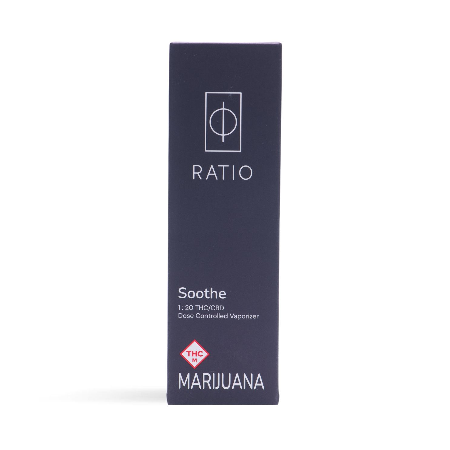 Dark navy RATIO marijuana product box with white text and logo on a white background