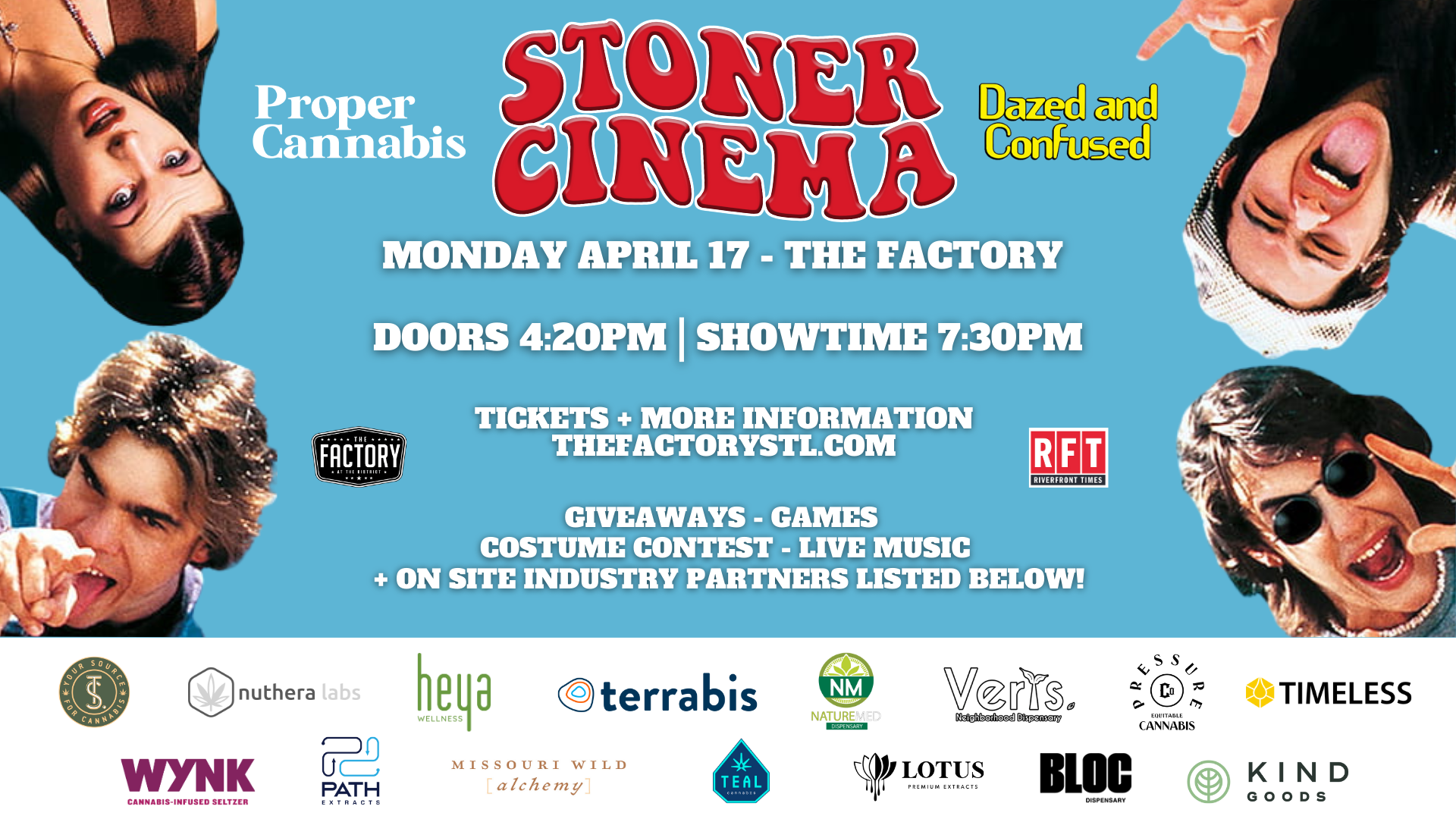 Stoner Cinema event poster with portraits, blue/orange psychedelic design, April 17, doors 4:20 PM, showtime 7:30 PM