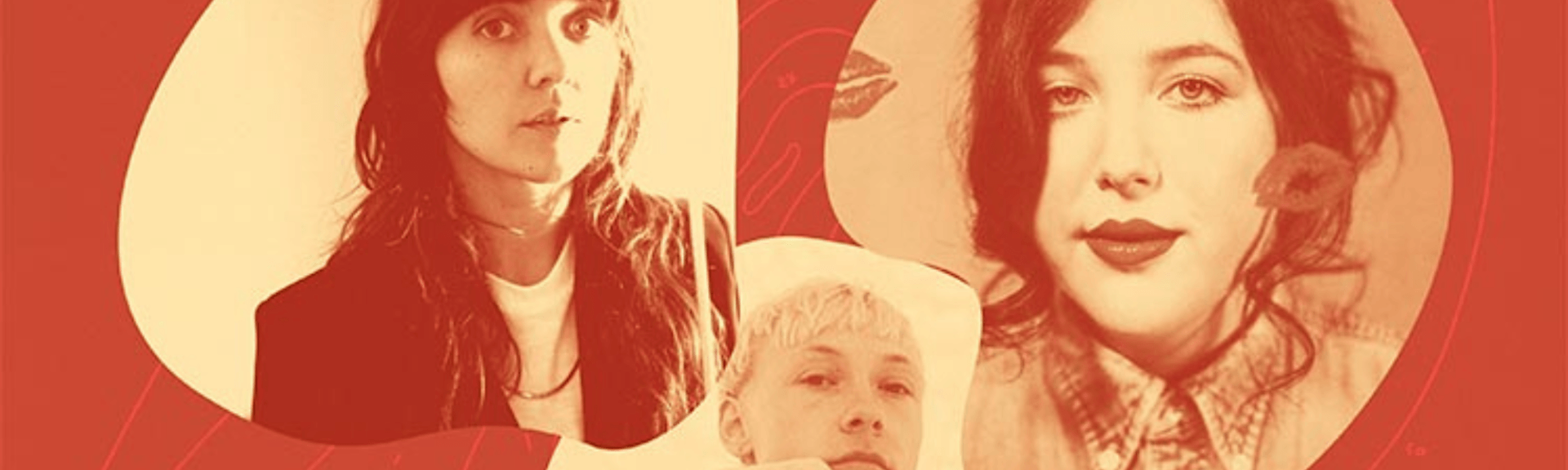 Stylized red-and-cream collage of three faces in circular frames