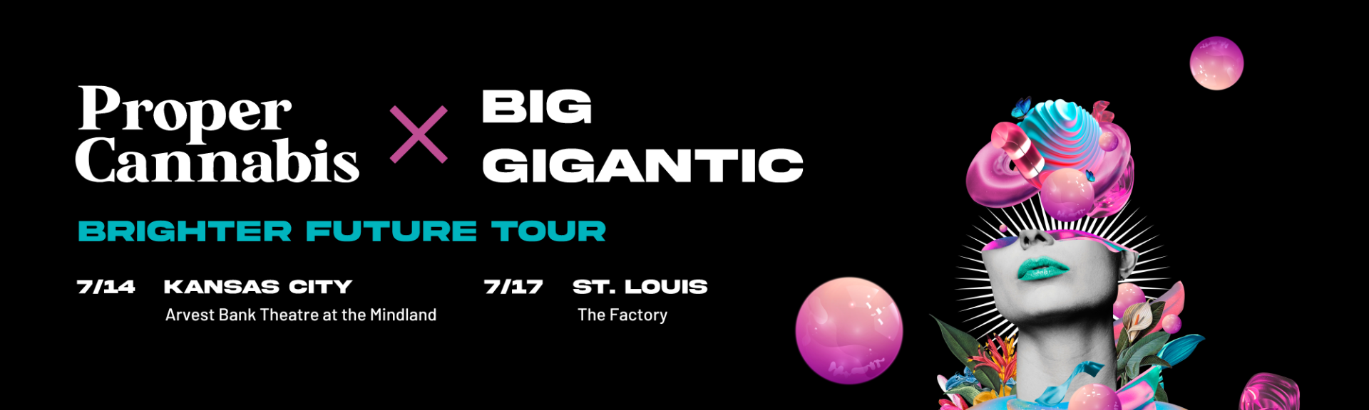 Promotional banner for Proper Cannabis x Big Gigantic, “Brighter Future Tour,” with a neon pink futuristic mascot.