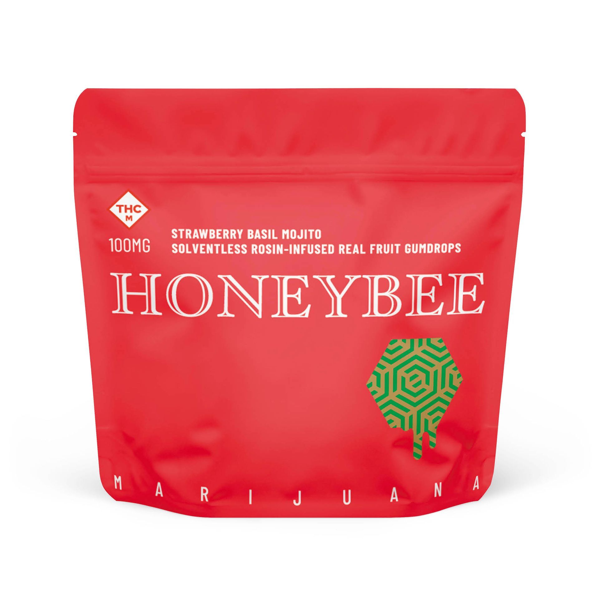 Red Honeybee cannabis edible pouch with strawberry rose flavor and green logo
