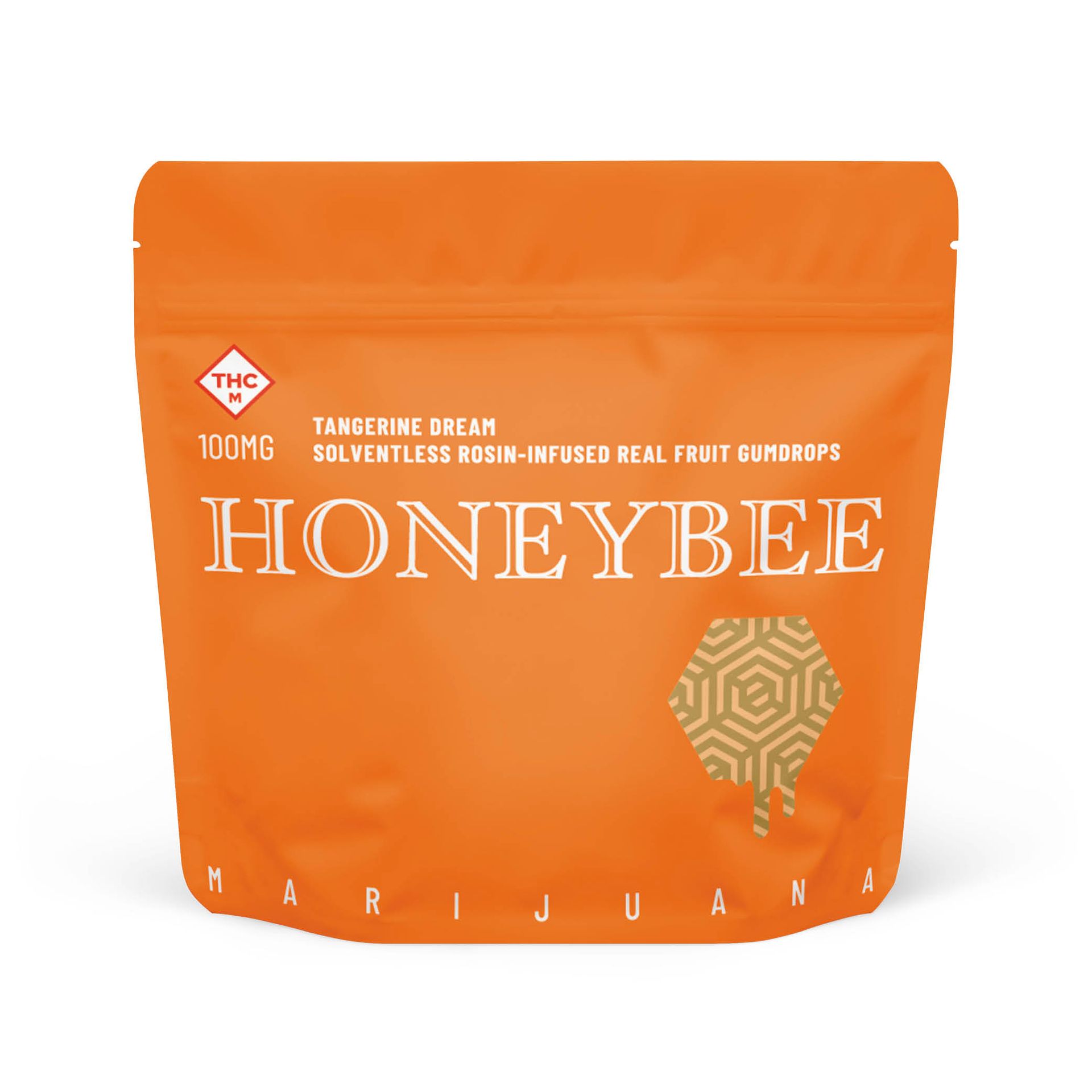 Orange HONEYBEE marijuana edible pouch with white text and gold bee emblem