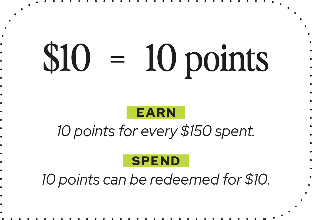 $10 equals 10 points; earn 10 points per $150 spent and redeem 10 points for $10.