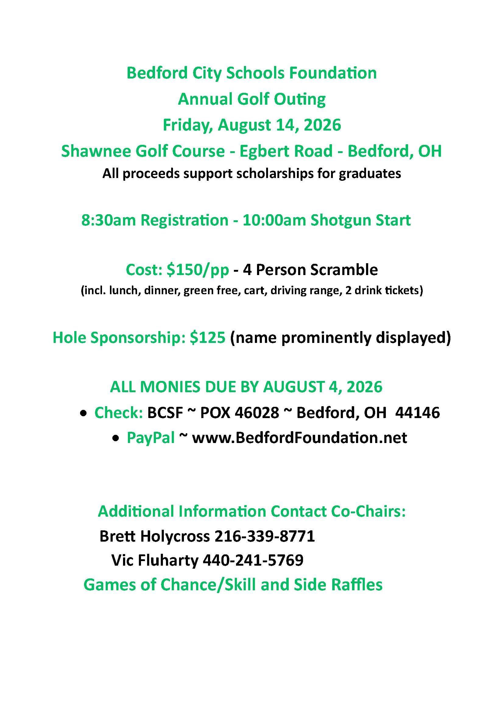 Flyer for a Bedford City Schools Foundation golf outing, August 16, 2025, with registration and contact details.