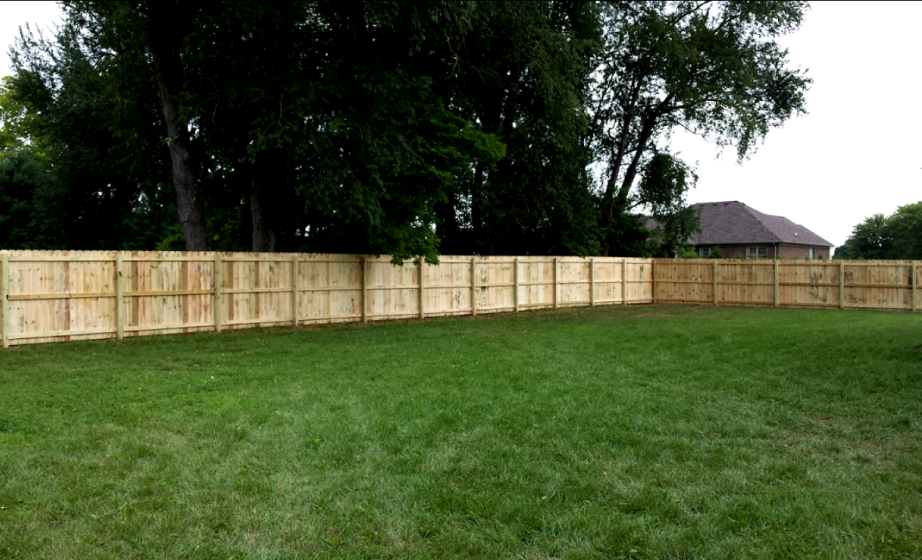 Wooden fence encloses a green backyard, trees in the background, overcast sky.