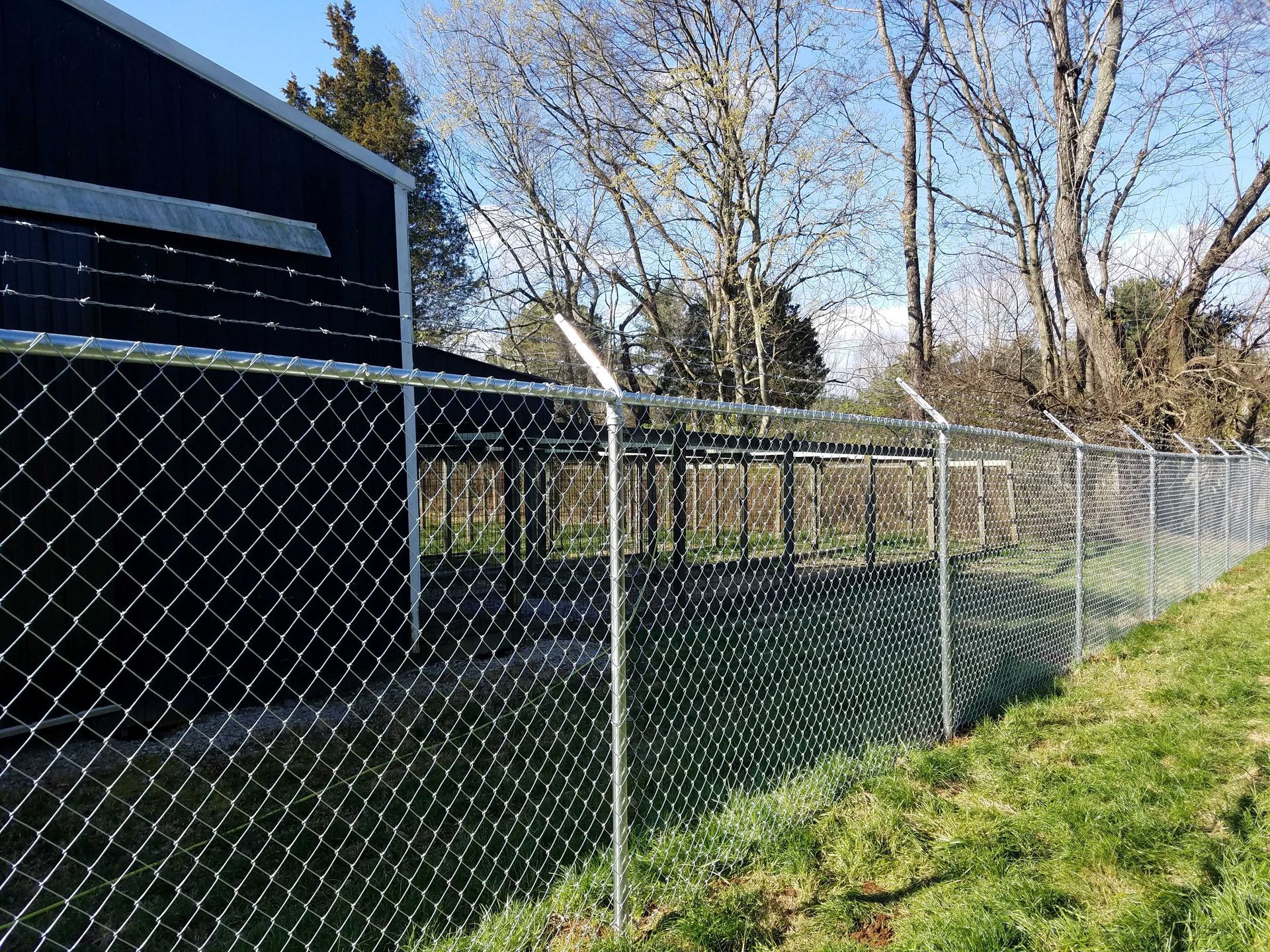 Chain-link fence topped with barbed wire, next to a building and trees on a sunny day.