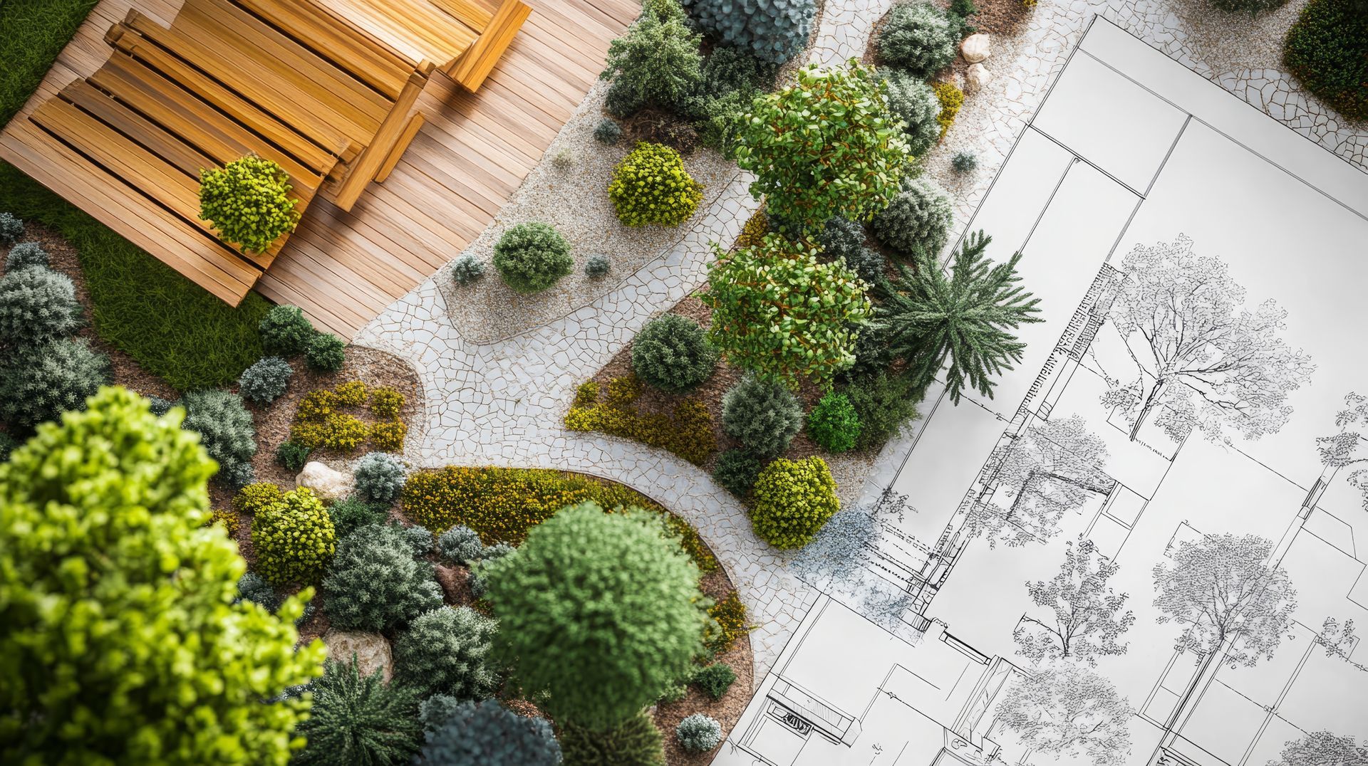 Top down view of a landscaped garden next to a detailed architectural site plan.