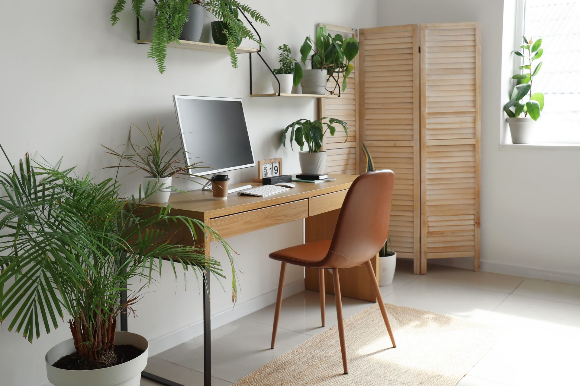 A home office with a desk , chair , computer and potted plants.