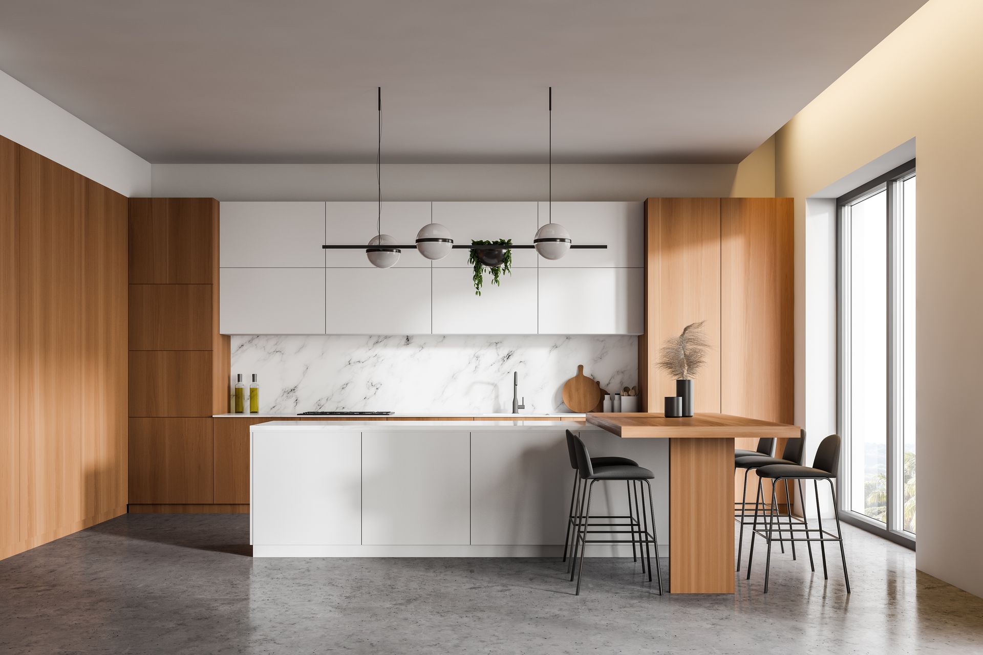 A modern kitchen with wooden cabinets and marble counter tops