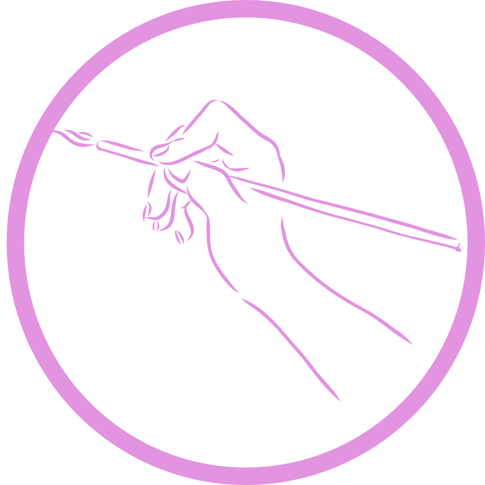 A hand is holding a brush in a purple circle.