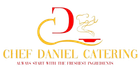 Chef Daniel Catering logo with red and gold chef hat, spoon, and elegant gold text on white background