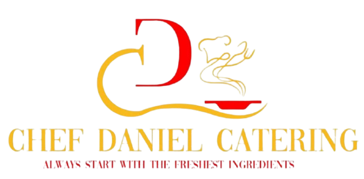 Chef Daniel Catering logo with red and gold chef hat, spoon, and elegant gold text on white background