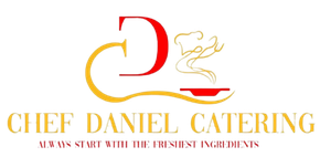 Chef Daniel Catering logo with red and gold chef hat, spoon, and elegant gold text on white background