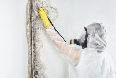 An image of a professional wearing protective clothing and a gas mask, doing  mold remediation Boca Raton.