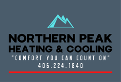 Logo for Northern Peak Heating & Cooling: teal mountain icon, gray background, black text, tagline 