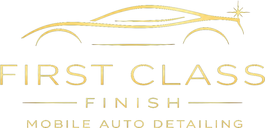 Gold logo reading “First Class Finish Mobile Auto Detailing” with a sleek car outline above.