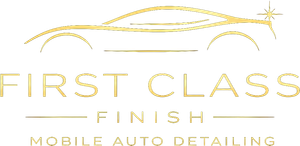 Gold logo reading &ldquo;First Class Finish Mobile Auto Detailing&rdquo; with a sleek car outline above.