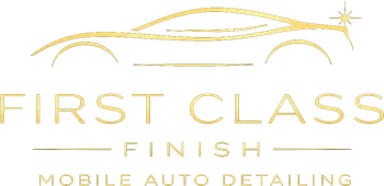 Gold logo reading &ldquo;First Class Finish Mobile Auto Detailing&rdquo; with a sleek car outline above.