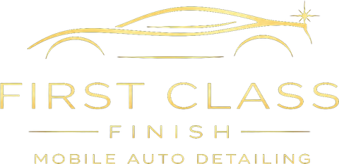 Gold logo reading “First Class Finish” with a sleek car outline and “Automobile Detailing” below