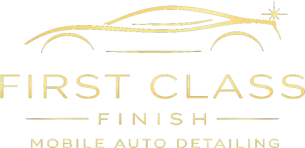 Gold logo reading &ldquo;First Class Finish Mobile Auto Detailing&rdquo; with a sleek car outline above.
