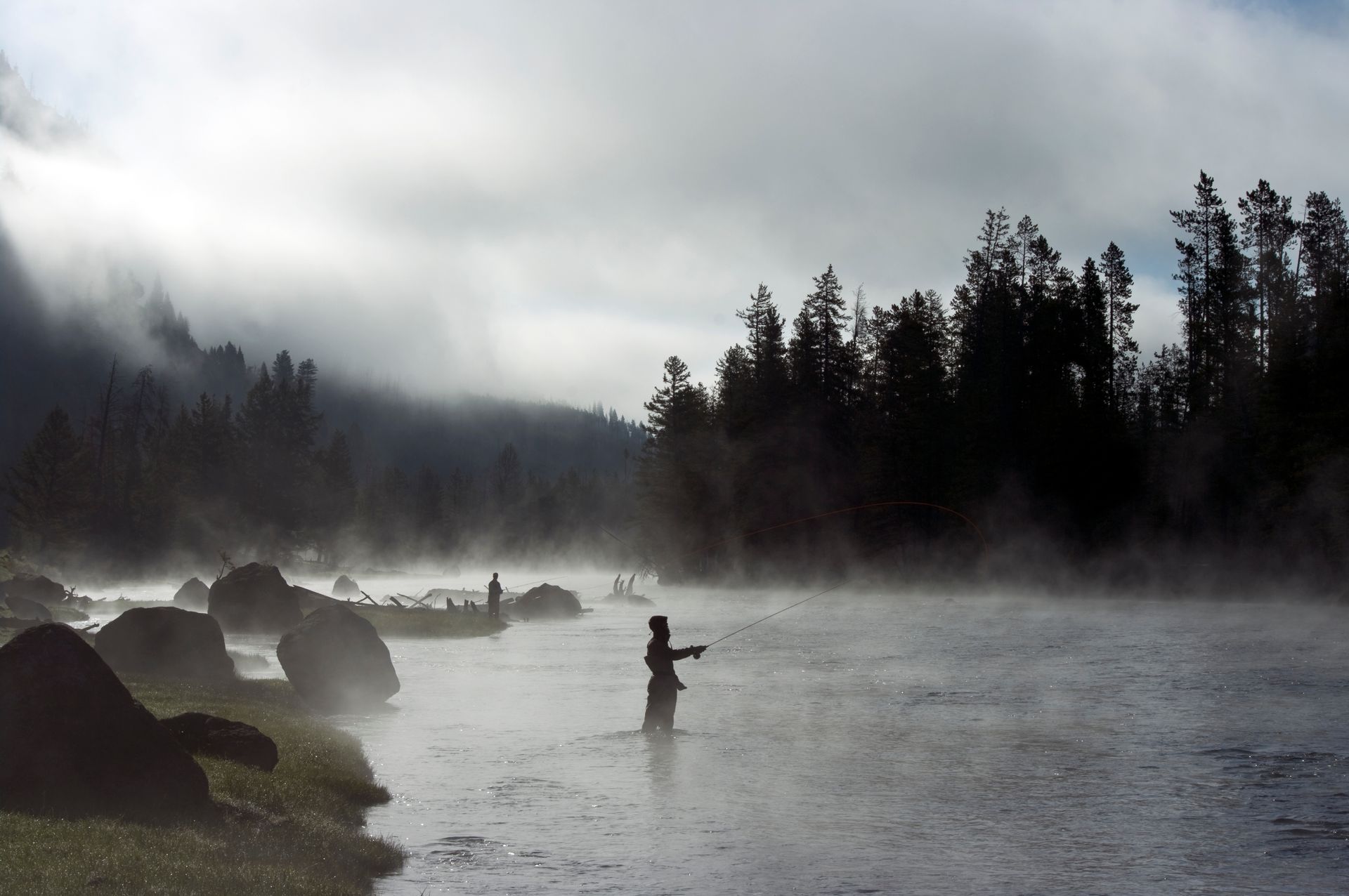 a man is fishing in a river with trees in the background