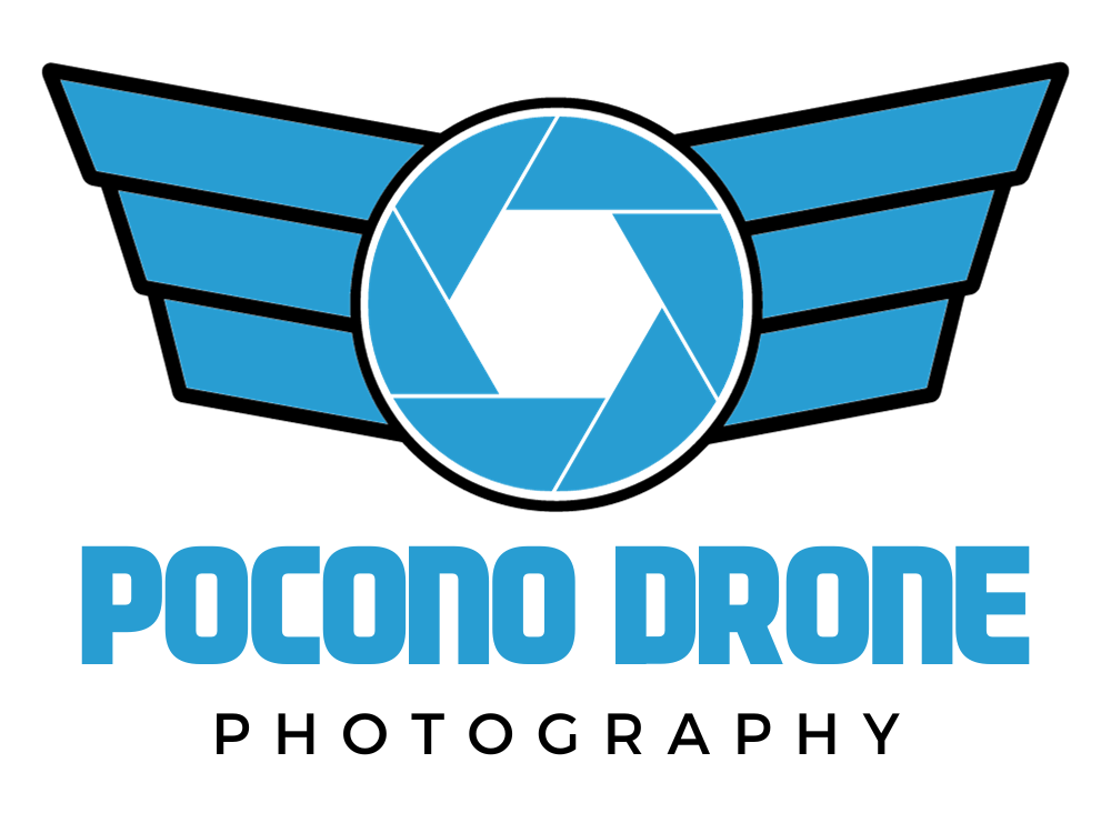 A logo for pocono drone photography with a camera lens and wings