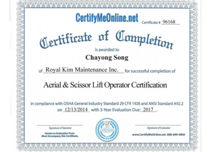 Certificate of completion for Aerial & Scissor Lift Operator Certification from CertifyMeOnline.net
