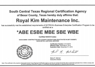 Royal Kim Maintenance Inc. certification plaque from South Central Texas Regional Certification Agency as ABE ESBE MBE SWBE