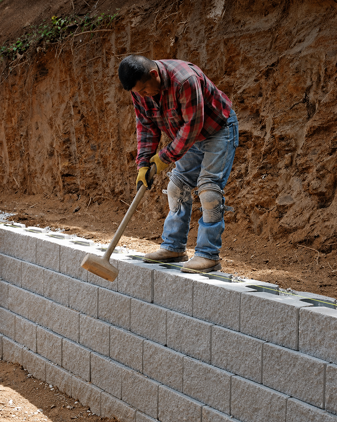 Worker using a sledgehammer to shape a concrete block retaining wall on a dirt hillside