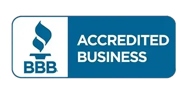 the bbb logo is blue and white and says accredited business .
