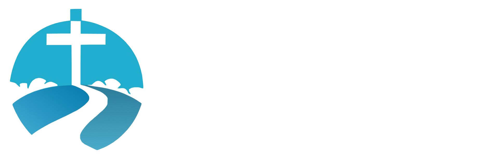 Blue logo: cross atop a road, inside an oval shape.