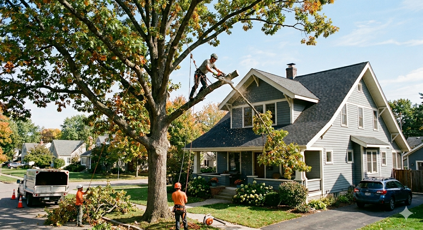 Tree trimmers work on a large roadside tree beside a gray house in a suburban neighborhood.