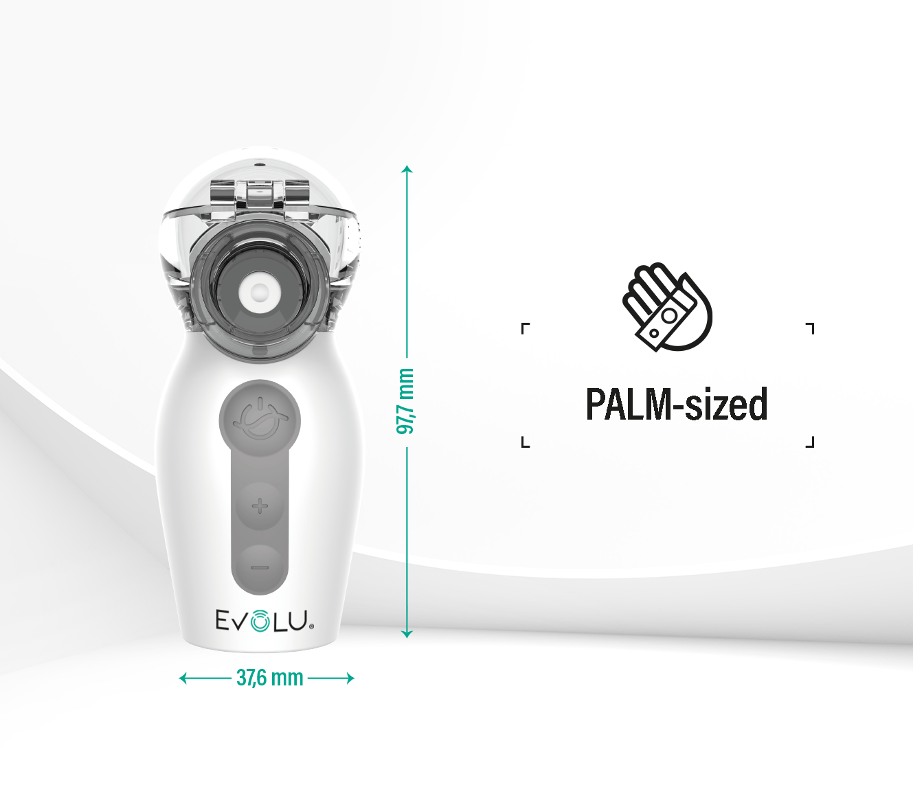Nebulizer nano AIR PRO. A palm sized inhaler is sitting on a white surface.