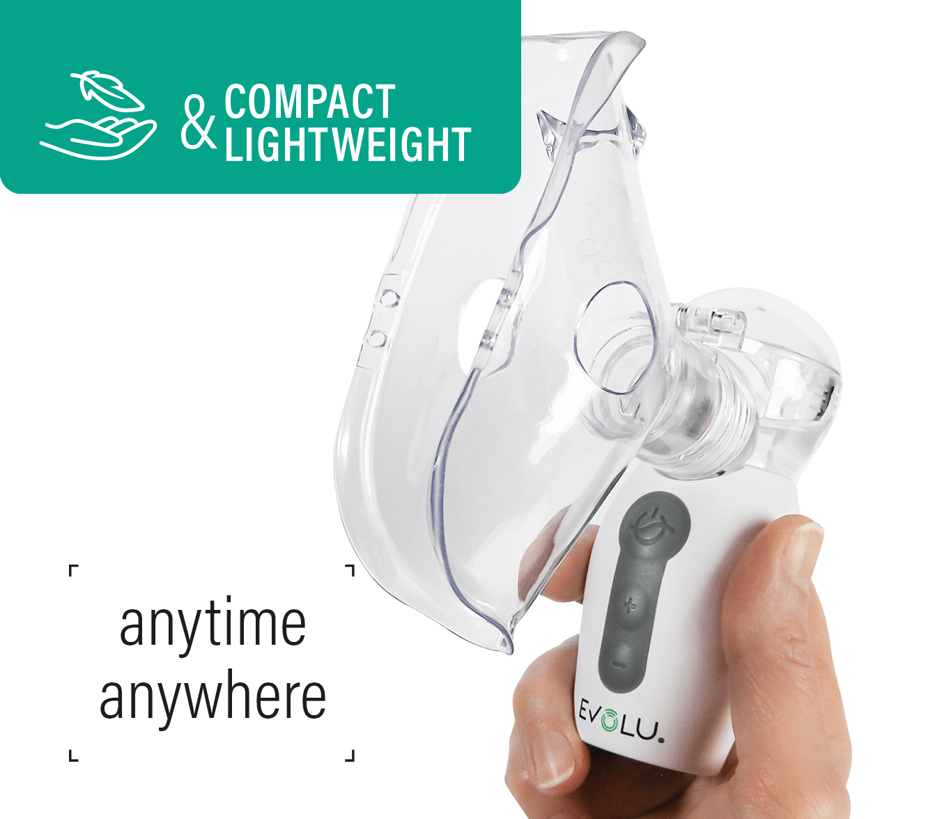 A person is holding a compact and lightweight inhaler in their hand.