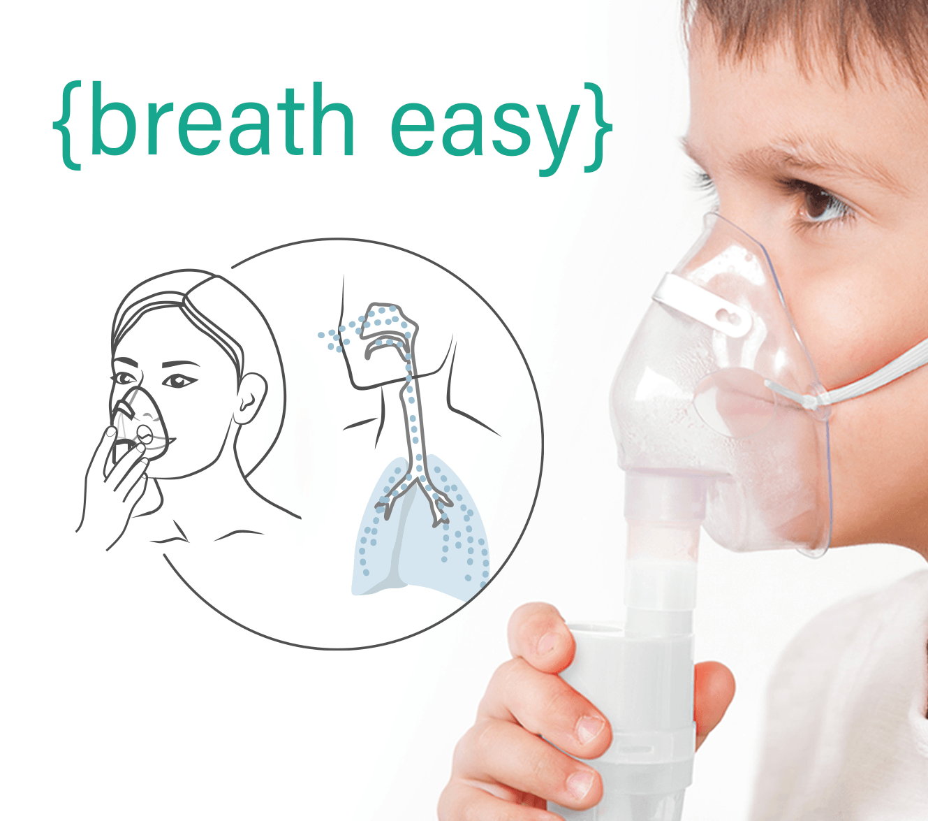 UNIVERSAL PISTON COMPRESSOR nebulizer. A child is wearing an oxygen mask and holding a device. The principle of operation.