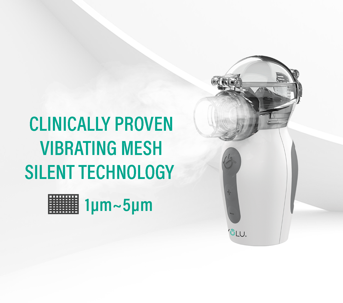 Nebulizer nano AIR PRO. A white and gray portable inhaler with a vibrating mesh silent technology.