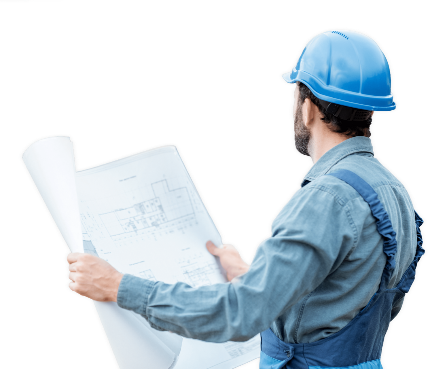 Construction worker in blue hard hat examining blueprints.