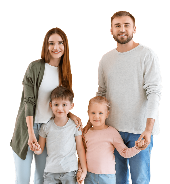 Family of four smiling, holding hands, posing against a transparent background.