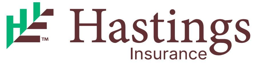 Hastings Insurance logo. Green and brown graphic, text 
