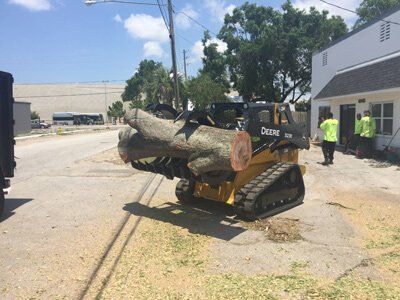 Tracked skid steer carrying large cut tree trunk on a street, with workers nearby.