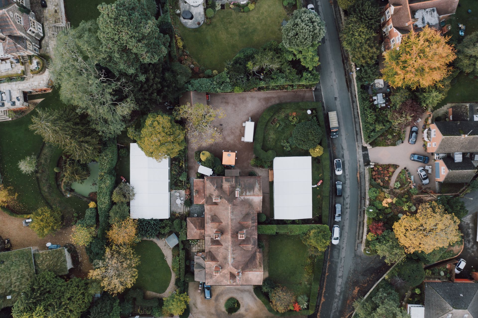 An aerial view of a marquee hire on a TV set