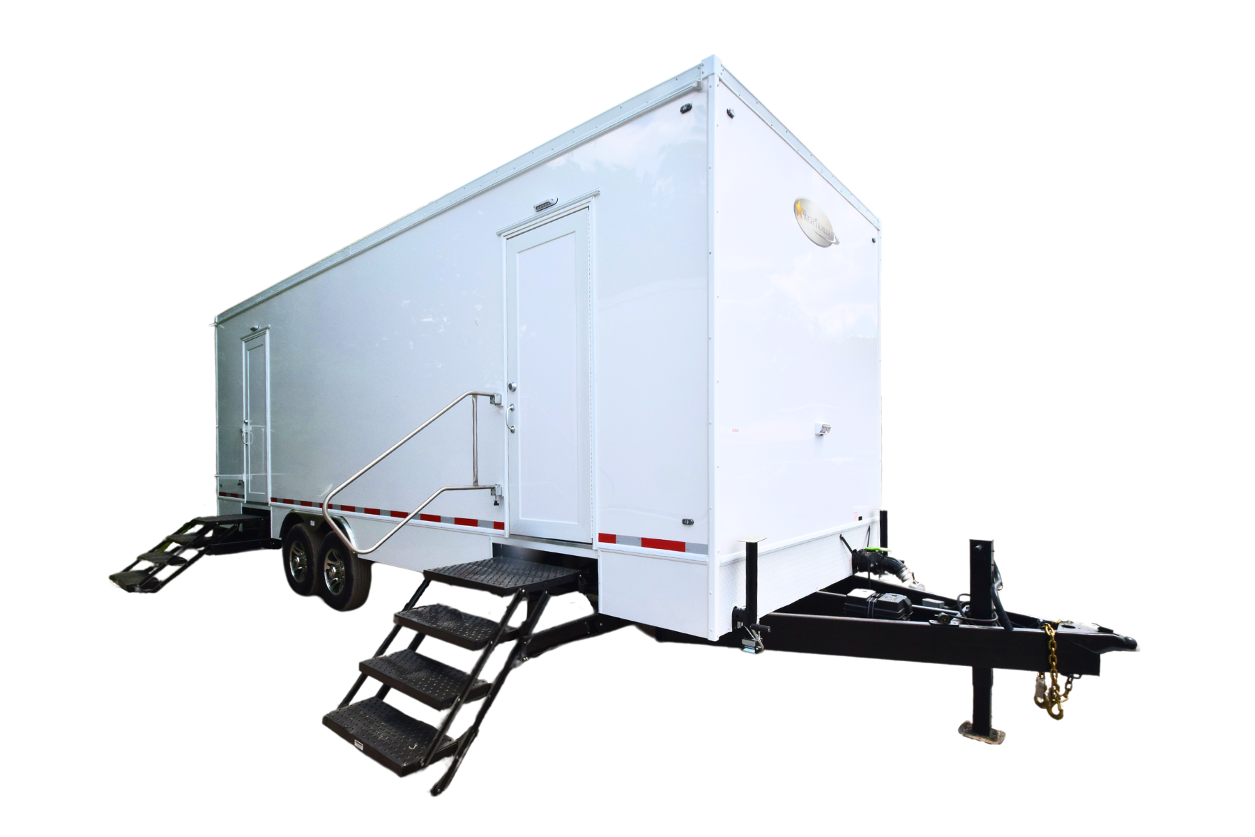 Rich Nine-Station Restroom Trailer inside, outside and layout.