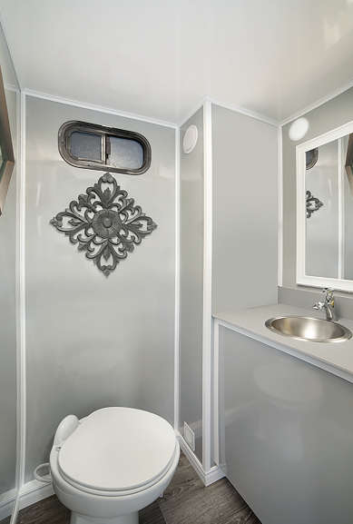 Small gray half-bath with a toilet, pedestal sink, mirror, and decorative wall art.