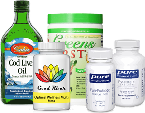 a bottle of cod live oil is surrounded by other bottles of healthy vitamins